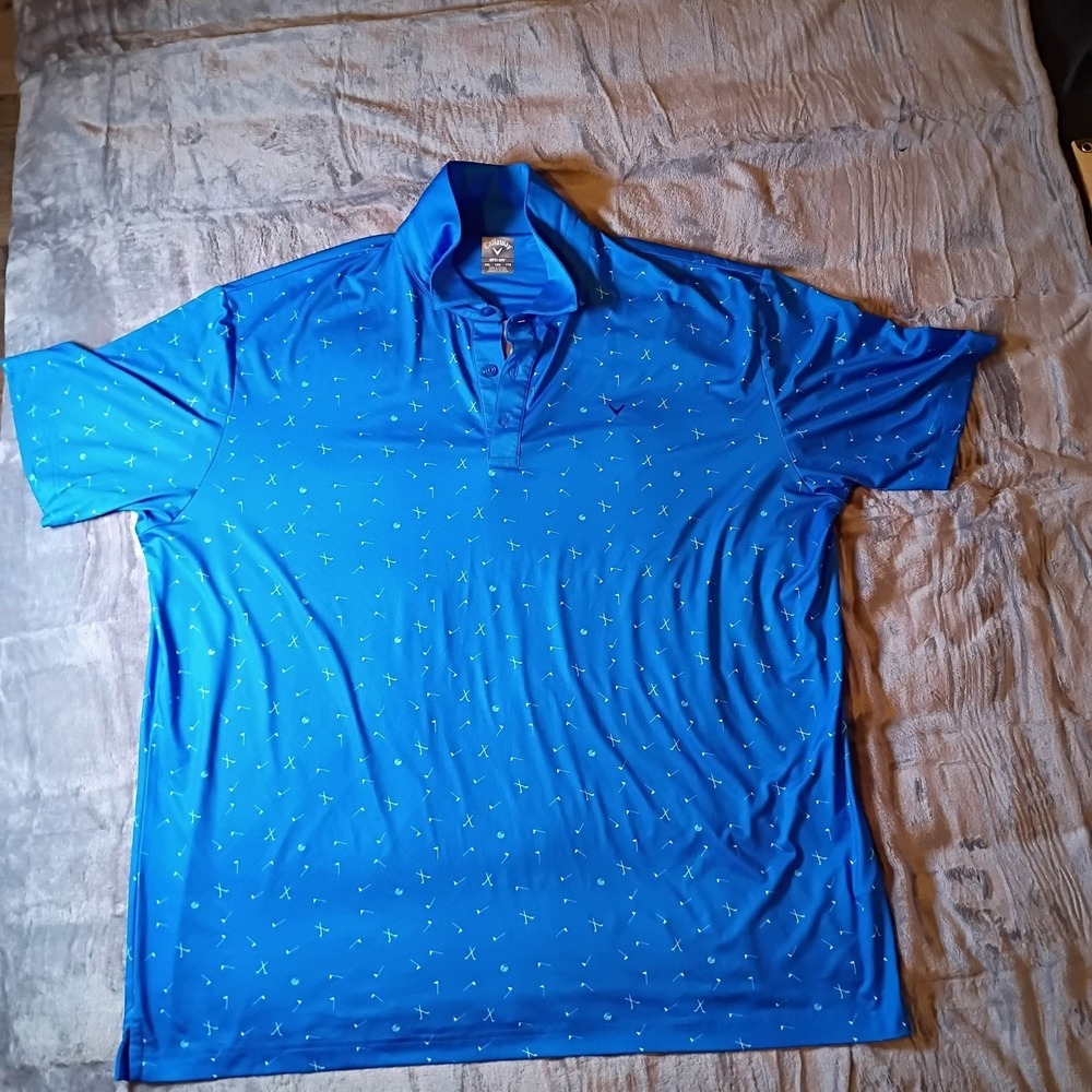 Callaway Opti-Dri Mens XXL Blue Golf Polo Shirt Clubs Flags Print Short Sleeve